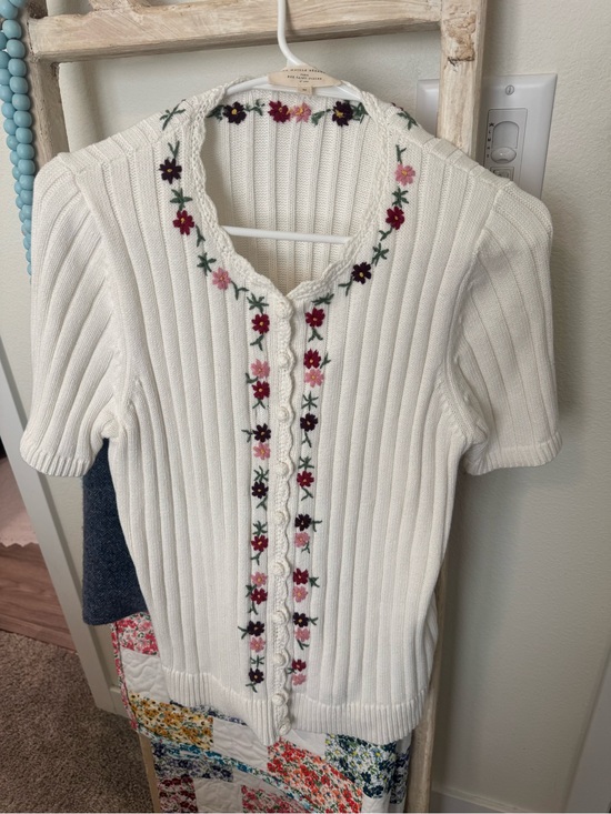 Sezane Tops - Sezane Gilet Ilena White Ribbed Short-Sleeve Cardigan with Floral Embroidery